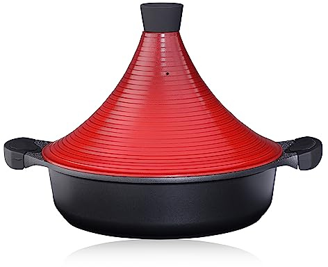 Marokkanischer Tajine-Kochtopf | Induktion | Selbstbefüllender Deckel 28 cm, 4,2L großes,Tajin Kasserolle Tagine Guss-Aluminium –Keramik Antihaft – Kein Rosten, Kein Zerbrechen – Für 4-6 Personen
