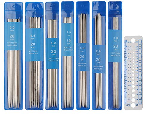 Coopay 35 Stück Stricknadeln Edelstahl,Stricknadeln für Socken Handschuhe Hüte Schals Haustier Pullover,Nadelspiel Set 2,0 mm-5,0 mm,20 cm Länge Doppelspitzen Knitting Needles mit Nadellehre