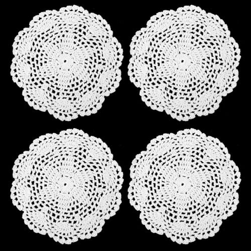 Apausvcm 4 Stück Spitze Platzdeckchen,19cm Rund Deckchen Häkeln,Kleine Handgehäkelte Deckchen,Weiß Handgefertigte Spitze Untersetzer,Weiße Vintage-Häkeldeckchen,für Küche Esszimmer Party Hochzeit