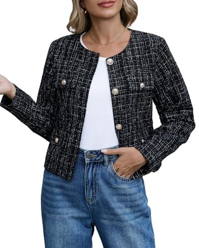 YEXPINE Zugeschnittene Tweed-Sakes für Damen Elegante schmale Business-Outfits ohne Kragen, schwarz kariert, XL