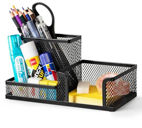 deli Schreibtisch Organizer aus Drahtmetall, Multifunktionale Organisation mit Stifthalter und Aufbewahrungskörben, für Zuhause und Büro, 3 Fächer, Schwarz