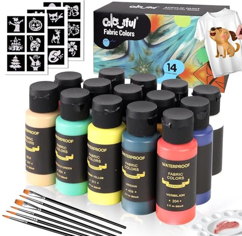 Colorful Fabric Paint Set for Clothes 14 Colors -60ml Permanent Textile Paint Puffy Paint Kit for Shoes, Canvas - Non-Toxic Slick Painting Set for Adults, Beginner & Artists