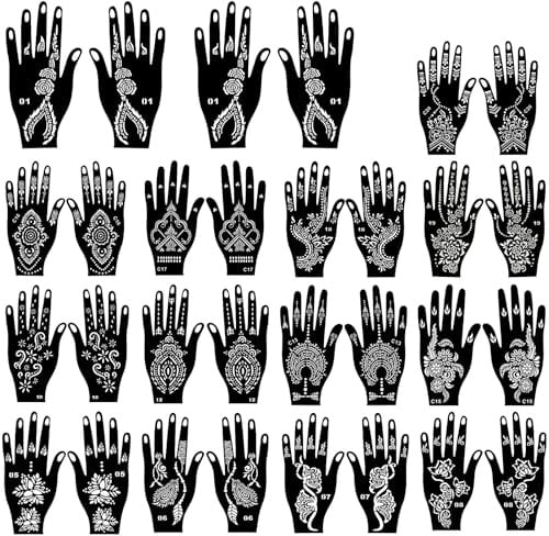 Henna Tattoo Schablonen, 30 Stück Henna Set Reusable Hen na Vorlagen Indian Arabian Hen na Schablone für Hand Forearm Temporäre für Frauen Mädchen Tattoo Schablone Aufkleber für Geburtstag Hochzeit