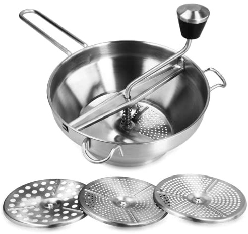 Navaris Passiersieb aus Edelstahl mit 3x Siebeinsatz - Passiergerät Passiermühle für Suppe Marmelade Baby Brei Saucen - 3 Stück Sieb Einsätze - Mühle Presse - Passiermaschine