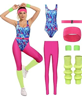 MASSWO Aerobic-Kostüm für Damen im 80er-/90er-Jahre-Stil, Retro-Trikot-Set | Leggings mit hoher Dehnung, Zubehör, Bewegung, Joggen, Laufen, Fitnessstudio, Motto-Party, Halloween