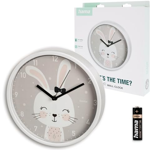 Hama Kinder Wanduhr (ohne Tickgeräusche, analoge Quarzuhr geräuscharm, Ø 25cm, Kindermotiv, für Kinderzimmer, Design Hase, mit Stunden-, Minuten- und Sekundenzeiger, inkl. Batterie)