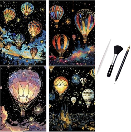 ShipeeKin 4x Kratzbilder Leuchtend 290 x 210 mm A4 Wandbild Kratzbilder Kratzpapiere für Erwachsene Kinder mit Werkzeug Set (Heißluftballon)