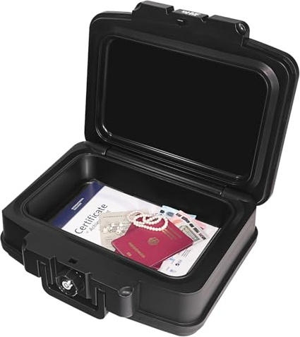 HMF 250452 Feuerfeste Wasserdichte Dokumentenbox | DIN A4 | 44,5 x 16,5 x 33 cm | schwarz