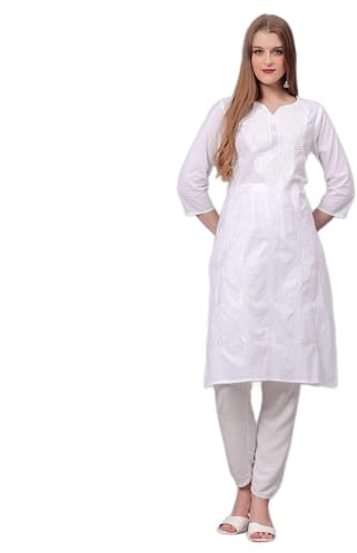 JG JAI GOVINDAM Indische Kurti für Damen, handbestickt, gerade geschnittene Chikankari-Langkurti aus Baumwolle, Tunika-Kurta-Kleid für Damen