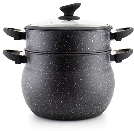 Saharashop CousCous Topf/Dampfgarer Agadir 6 Liter, Couscoussiere aus Aluminium, Dämpfer Induktion mit Glasdeckel Couscous-Gemüse-/ Kartoffeldämpfer, Kochtopf induktionsgeeignet, Schwarz