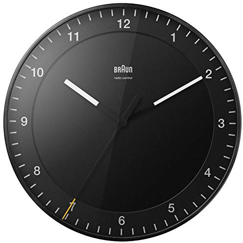 Braun Klassische große Funkwanduhr Mitteleuropäische Zeitzone (MEZ/GMT+1) mit leisem Uhrwerk, leicht lesbares Zifferblatt, 30cm Durchmesser, schwarzes Modell BC17B-DCF.