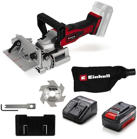 Einhell Akku-Flachdübelfräse TE-BJ 18 Li Power X-Change (18 V, Li-Ion, stufenlose Winkel-/Höheneinstellung, 6-stufige Tiefenverstellung, inkl. 4,0 Ah Akku und Ladegerät)