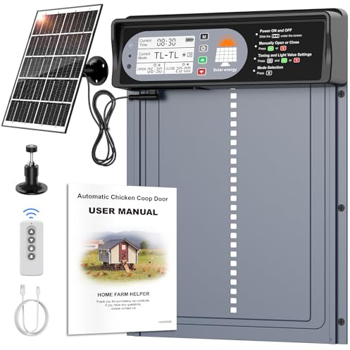 Automatische Hühnerklappe Solar, CHAMUTY Aluminum Elektrische Hühnerklappe Automatisch mit LED Display, Lichtsensor, Timer, Fernbedienung, Hühnerstalltür, Grau