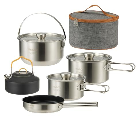 Camping Kochgeschirr Set 304 Edelstahl 10-teilige Töpfe Pfannen, Wasserkocher, Reise Mesh Tasche für Camping, Trekking, Garten Picknick, Backpacking Ausrüstung