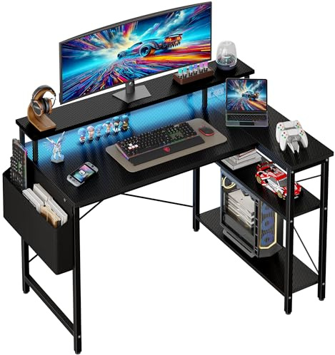 Grandder 100x50cm L-förmiger Schreibtisch mit LED & Steckdosen, Gaming Tisch mit 2 Regalen, Computertisch mit Monitorständer, PC-Arbeitsplatz für Homeoffice, Schwarz