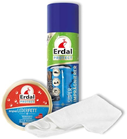 Erdal Outdoor-Set, reichhaltige Schuhpflege & Nässeschutz, Waterproof, Waterprotect, 3-teilig mit Original Lederfett, Super Imprägnierer & Mikrofasertuch, für Arbeitsschuhe, Wanderschuhe, Lederschuhe