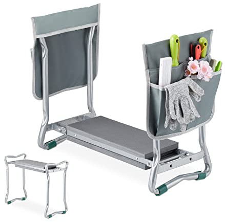 Relaxdays Kniebank für Gartenarbeit, gelenkschonend, klappbar, Silber/grau | bis 150 kg, gepolsterte Kniehilfe, 2 Taschen