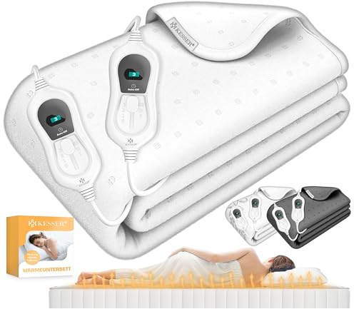 KESSER® Doppel-Wärmeunterbett 160x140cm mit Abschaltautomatik 2 Temperaturzonen Fernbedienung | Heizdecke mit 3 Temperaturstufen | Wärmebettunterlage fürs Bett | Wärmedecke aus weichem Vlies Weiß