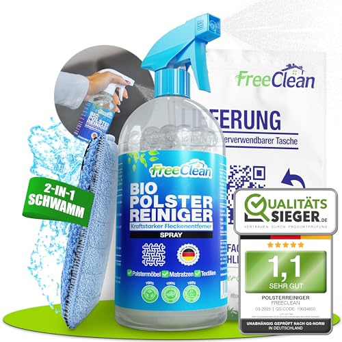 FreeClean® Bio Polsterreiniger 500ml inkl. 2-in-1 Schwamm für Autositze & Sofa [EXTRA STARK OHNE CHEMIE] - Teppichreiniger - Sofa Reiniger
