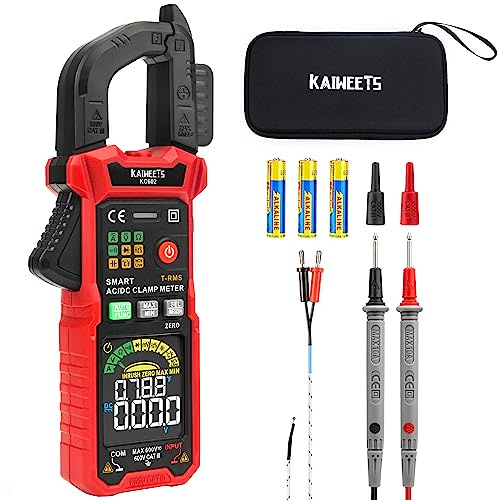 KAIWEETS Strommesszange AC DC Auto Range 600A Zangenmultimeter Farbdisplay | Intelligente Messung, automatische Erkennung/Spannung/Temperatur/Widerstand/Durchgang, AC/DC Strom 600A, Inrush-Strommessung
