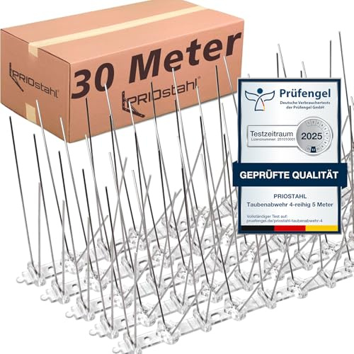 PRIOstahl Taubenabwehr Taubenspikes Vogelabwehr mit Kunststoffgrundplatte 4-reihig 30 Meter (60 x 0,50cm Spikes) Vogelschutz Abwehr für Balkon Dach Fenster UV-Beständig & rostfrei Edelstahl V2A