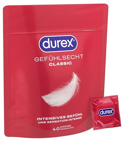 Durex Gefühlsecht Classic Kondome – Dünn für ein intensives Gefühl und innige Zweisamkeit, reguläre Passform (40 Stück)