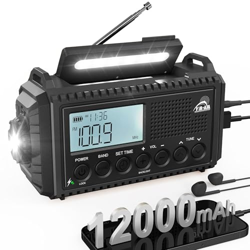Kurbelradio mit 12000mAh, Notfallradio Solar Radio Batteriebetrieben | AM/FM/SW USB-C, SOS-Alarm, Taschenlampe&Leselampe, Radio mit Weltempfänger, IPX6 Wasserdicht, für Outdoor, Notfälle, Blackout