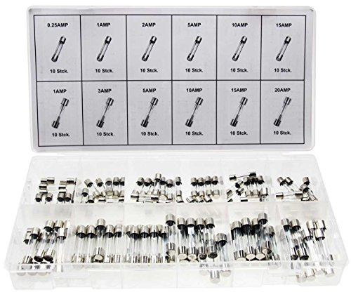 120 Glassicherungen 0,25A (250mA) - 20A (Amper) Sicherung Set Gerätesicherungen Satz Feinsicherungen Sortiment (im wiederverwendbaren Aufbewahrungsbox/Sortimentsbox/Sortierkasten)