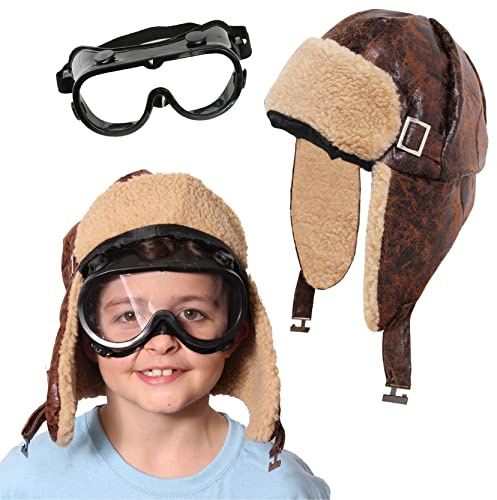 I LOVE FANCY DRESS 55CM FLIEGERMÜTZE Set 1940ER Jahre Opa-Stil PILOTENMÜTZE + KLARE SCHUTZBRILLE KOSTÜMZUBEHÖR Set 40ER Jahre Flieger Piloten Hut GROẞE Flucht Kinder KOSTÜM Set