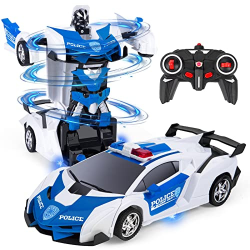 Highttoy 360° Drehung 2.4GHz Verformung Ferngesteuertes Polizeiauto Kinder | Ein-Klick Umwandlung/Auto Demo, 360° Drehung, Coole Bodenbeleuchtung & Ton, 2.4GHz Störschutz, Spielzeug Geschenk ab 3 Jahre