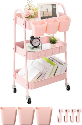 danpinera Rollwagen mit 3 Ebenen, Rollwagen Metall, Rollwagen Küche mit feststellbaren Rädern & hängenden Bechern & Haken, Mobiler Bastelwagen für Küche, Bad, Büro, Werkstatt, Rosa
