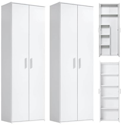 Mehrzweckschrank 2er-Set Die Allzweckwaffe Made in Germany Schrank Weiß | mokebo Aktenschrank Besenschrank Allzweckschrank Flurschrank Büroschrank Aufbewahrungsschrank Stauraum Holz Weiß 60 cm breit