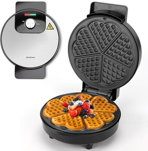 Aigostar Waffeleisen für 5 Herz-Waffeln, 1000W, 19 cm Antihaft-Platten, Waffeleisen Herzform mit einstellbarer Temperatur, LED-Anzeige, Cool-Touch-Griff, kompaktes Edelstahl-Design, BPA und PFOA frei