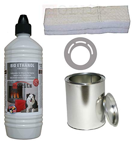 Moritz Starter Set 1 x 1000 ml Bio Ethanol + 1x Blechdose 500 ml mit Deckel + 1x Watte/Keramikwolle + 1x Sparplatte für Brenner Kamin Ofen Sicherheitsbrenner Brennpaste