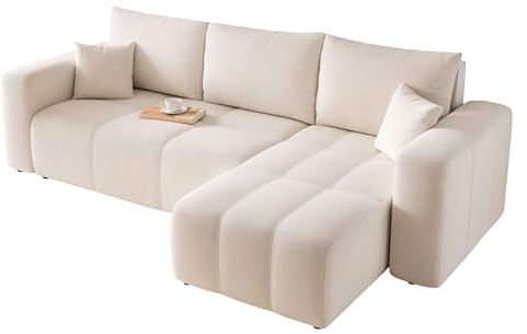 GREKPOL Sofa mit Schlaffunktion 145x248 - Beige Ecksofa mit Schlaffunktion und Bettkasten - Sofa 3 Sitzer - Schlafsofa - Couch - Schlafsofa mit Bettkasten