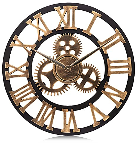Lafocuse Holz Wanduhr Groß Industrial Gold, Lautlos Wanduhr Vintage 60cm XXL, Zahnrad Römische Ziffern Steampunk Gross für Wohnzimmer Küche