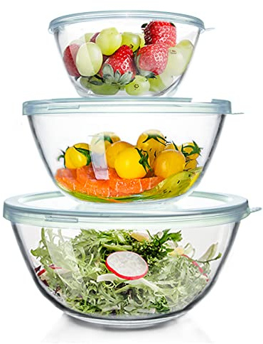 WhiteRhino Glas Rührschüssel mit Deckel, 3er-Set (4,2L, 2,5L, 1L), Große Rund Salatschüsseln für die Küche,Salatschüssel mit Deckel, Kochen,Backen,Vorbereiten, spülmaschinenfes