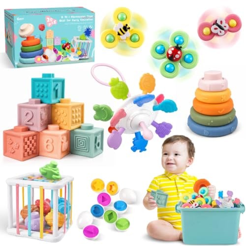 Weilim Baby Spielzeug, 6 in 1 Montessori Sensorik Spielset | Montessori-inspiriert, 6 Spielzeuge in 1 Box, strukturierte Bausteine, Stapelringe, Sensorikbälle