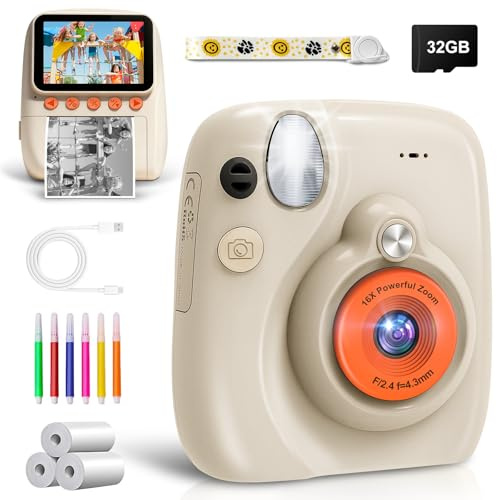 Grutoly Kinderkamera, Sofortbildkamera Kinder, 48MP 3.0 Zoll Bildschirm Kinderkamera Sofortbildkamera mit 32G Karte, Druckpapier & Farbigen Stiften, Geschenke für Mädchen und Jungen von 3-12 Jahre