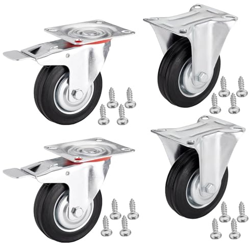 4er SET SOTECH Transportrollen RED Ø 75 mm (2x Bockrollen, 2x Lenkrollen mit Bremse) Höhe 96 mm, Anschraubplatte 80 x 67 mm Traglast bis 280 Kg Bockrolle