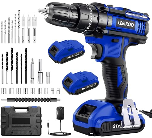 LEEIKOO Akkuschrauber 21V, Akku Bohrschrauber mit 2 Akkus 2.0Ah, 42N.m Akku Bohrmaschine, 25+3 Drehmomentstufen, 10mm Bohrfutter, 2-Gang, LED Licht, 30PCS Zubehör Set für Garten DIY Projekt