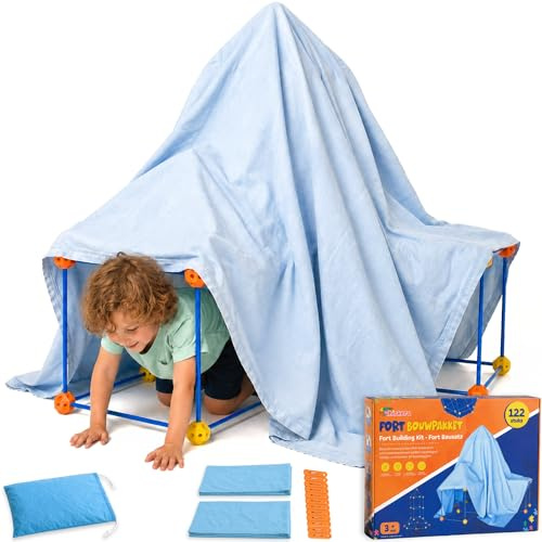 Höhle Bauen Kinder Set XL mit 122 Teilen und 2 Decken inklusive 12 Clips | Höhlen bauen Set für kreative Spielhöhlen, Hütten und Tunnel mit 41 cm langen Steckstäben zum gemeinsamen Konstruieren
