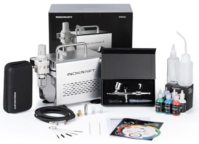 InoKraft Airbrush-Set mit Kompressor 1/6 HP leiser Luftkompressor, Airbrushpistole 3 Düsen (0,2, 0,3 & 0,5 mm) Schlauch, Halter & Anleitung, Airbrush für Modellbemalung, Geschenk für Kinder 4 Farben