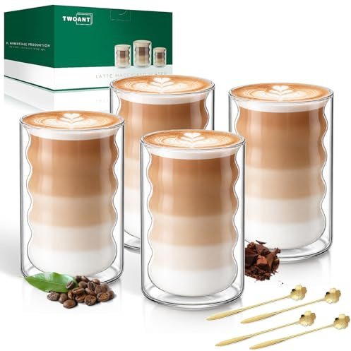 Latte Macchiato Gläser Doppelwandig 400ml 4er Pack mit 4 Löffeln Doppelwandige Kaffeegläser Cappuccino Tassen Spiralförmig Espressotassen Thermogläser Teegläser aus Borosilikatglas