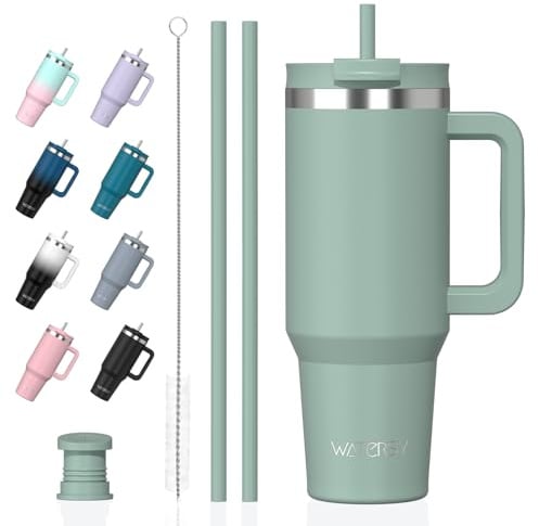 WATERSY 1.2L Thermobecher mit 2 Strohhalmen, Trinkbecher Auslaufsicherer Kaffeebecher To Go Vakuum-Isoliert mit BPA frei Schraubdeckel, Trinkflasche Kühlt 12 Stunden,Retro Grün