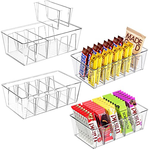 Puricon 4 Stück Snack Aufbewahrungsbox, stapelbarer Lebensmittel Organizer aus BPA-Frei Kunststoff, Kasten mit vier herausnehmbare Trennwände, Lebensmittelaufbewahrung Küche Aufbewahrung Organisation