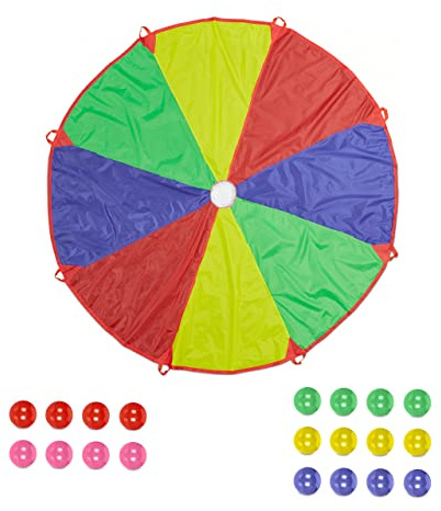 Relaxdays Schwungtuch Kinder, Ø 3,5 m, 20 Bälle, 8 Griffe, Schwingtuch, Regenbogen Tuch draußen, Fallschirm Spiel, bunt