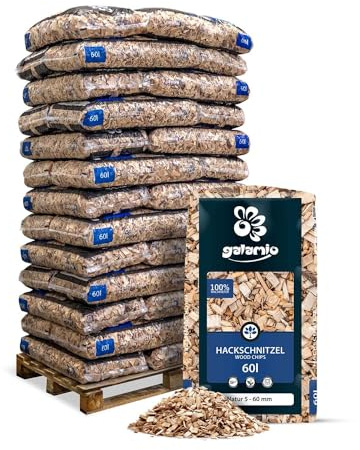 GALAMIO - Hackschnitzel für Garten und Hochbeet – naturbelassener Holzhackschnitzel Mulch aus Kiefer – Holzschnitzel grob 5-60 mm – 60 l pro Sack – 39 Säcke auf Palette