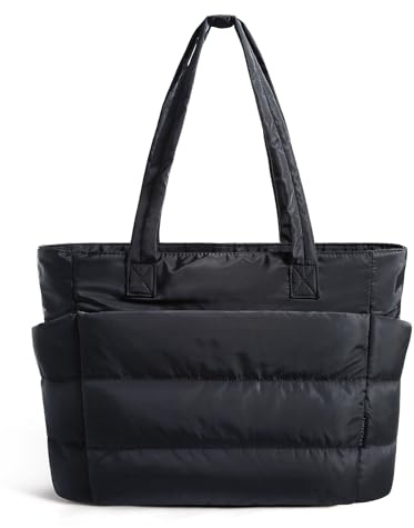 bagsmart Handtasche Damen Puffy Tote Bag Schultertasche, 20L Einkaufstasche Arbeitstasche Puffer Tasche mit Reißverschluss, Leichte Handtaschen für Arbeit Reise Shopping Schule, Schwarz