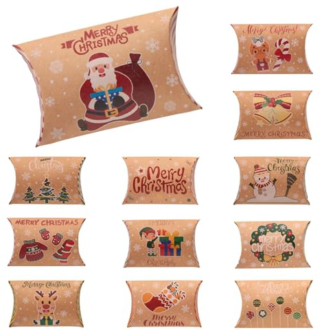 KALTINNA 36 Stück Weihnachten Geschenkbox Klein Kraftpapier Geschenkkarton 12 Stile Kissenschachteln Geschenkverpackung Schachtel Merry Christmas Süßigkeiten Box für Schmuck, Süßigkeiten, Keksen